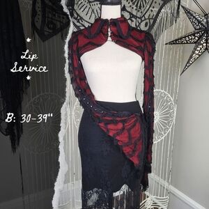 Lip Service Black and Red Fringe Overlay Bell Flare Sleeve Bolero